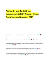 Florida 4-Hour Basic Driver Improvement (BDI) Course – Exam Questions and Answers 2025