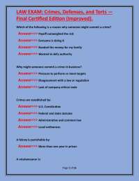 Law Exam: Crimes, Defenses, and Torts - Practice Questions