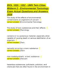 BIOL 1055 / 1052 - UMN Twin Cities Midterm 2 - Environmental Toxicology Exam Actual Questi