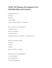 APHY 102 Human Development Test with Questions and Answers