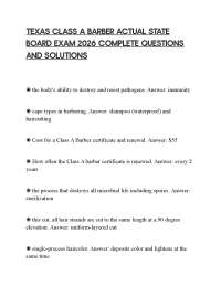 TEXAS CLASS A BARBER ACTUAL STATE BOARD EXAM 2026 COMPLETE QUESTIONS AND SOLUTIONS