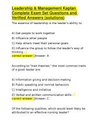 Leadership and Management Exam Questions with Verified Answers