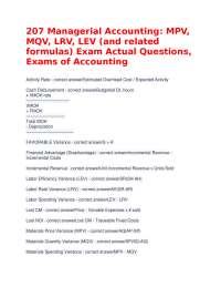 207 Managerial Accounting: MPV, MQV, LRV, LEV (and related formulas) Exam Actual Questions
