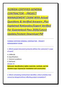 FLORIDA CERTIFIED GENERAL CONTRACTOR – PROJECT MANAGEMENT EXAM With Actual Questions & Ver
