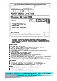 EDEXCEL A LEVEL MATHEMATICS (9MA0/31) QUESTION PAPER 31 AND MARK SCHEME SUMMER 2025
