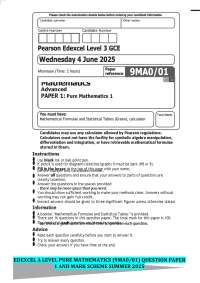 EDEXCEL A LEVEL PURE MATHEMATICS (9MA0/01) QUESTION PAPER 1 AND MARK SCHEME SUMMER 2025
