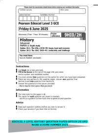EDEXCEL A LEVEL HISTORY QUESTION PAPER OPTION 2H AND MARK SCHEME SUMMER 2025