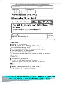 EDEXCEL A LEVEL ENGLISH LANGUAGE AND LITERATURE QUESTION PAPER 1 AND MS SUMMER 2025