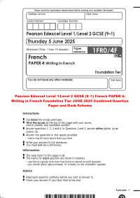 Pearson Edexcel Level 1/Level 2 GCSE (9–1) French PAPER 4: Writing in French Foundation T