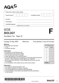 Actual 2025 AQA GCSE BIOLOGY 8461/1F Paper 1 Foundation Tier Question Paper + Mark Scheme