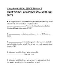 CHAMPIONS REAL ESTATE FINANCE CERTIFICATION EVALUATION EXAM 2026 TEST PAPER