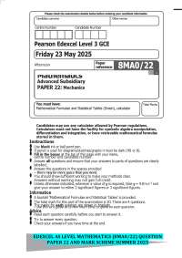 EDEXCEL AS LEVEL MATHEMATICS (8MA0/22) QUESTION PAPER 22 AND MARK SCHEME SUMMER 2025