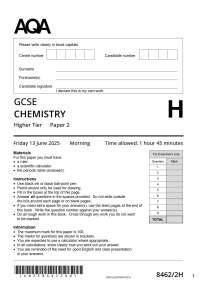 Actual 2025 AQA GCSE CHEMISTRY 8462/2H Paper 2 Higher Tier Merged Question Paper + Mark S