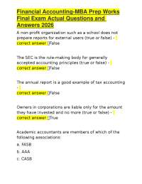 Financial Accounting-MBA Prep Works Final Exam Actual Questions and Answers 2026