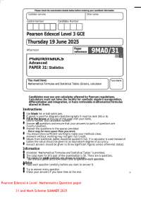 Pearson Edexcel A Level Mathematics Question paper 31 and Mark Scheme SUMMER 2025