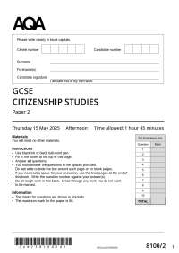 Actual 2025 AQA GCSE CITIZENSHIP STUDIES 8100/2 Paper 2 Merged Question Paper + Mark Schem