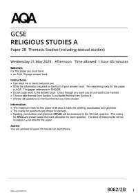 Actual 2025 AQA GCSE RELIGIOUS STUDIES A 8062/2B Paper 2B Question Paper + Mark Scheme Ac