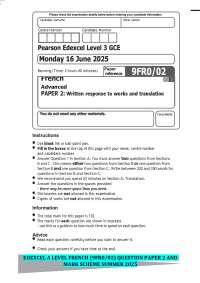 EDEXCEL A LEVEL FRENCH (9FR0/02) QUESTION PAPER 2 AND MARK SCHEME SUMMER 2025