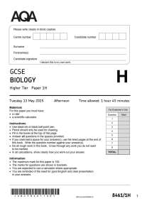 Actual 2025 AQA GCSE BIOLOGY 8461/1H Paper 1 Higher Tier Question Paper + Mark Scheme Act