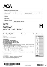 Actual 2025 AQA GCSE GERMAN 8668/RH Paper 3 Reading Higher Tier Question Paper + Mark Sche