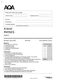 . Actual 2025 AQA A-level PHYSICS 7408/2 Paper 2 Merged Question Paper + Mark Scheme + In