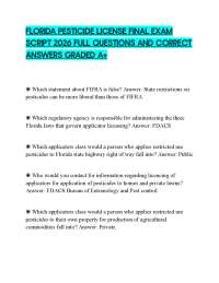 FLORIDA PESTICIDE LICENSE FINAL EXAM SCRIPT 2026 FULL QUESTIONS AND CORRECT ANSWERS GRADED