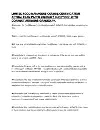 Food Manager Certification Exam Questions and Answers 2026/2027