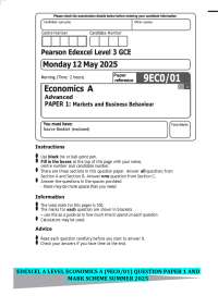 EDEXCEL A LEVEL ECONOMICS A (9EC0/01) QUESTION PAPER 1 AND MARK SCHEME SUMMER 2025