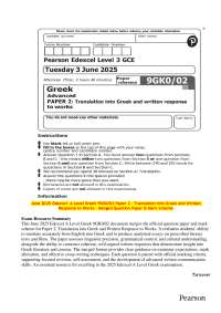 Edexcel A Level Greek 9GK0/02 Paper 2: Translation and Written Response - June 2025
