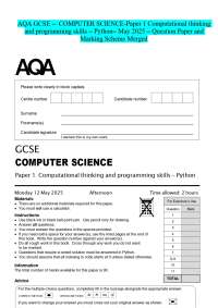 AQA GCSE – COMPUTER SCIENCE-Paper 1 Computational thinking and programming skills - Python