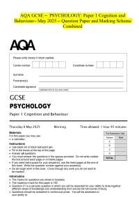 AQA GCSE - PSYCHOLOGY: Paper 1 Cognition and Behaviour- May 2025 - Question Paper and Mark