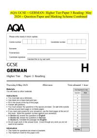 AQA GCSE - GERMAN- Higher Tier-Paper 3 Reading- May 2024 - Question Paper and Marking Sche