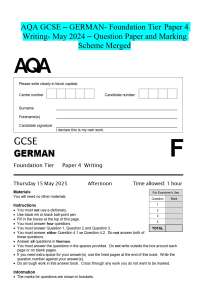 AQA GCSE - GERMAN- Foundation Tier Paper 4 Writing- May 2024 - Question Paper and Marking