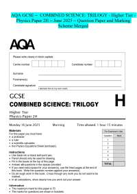 AQA GCSE - COMBINED SCIENCE: TRILOGY - Higher Tier - Physics Paper 2H - June 2025 – Questi