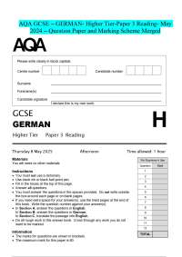 AQA GCSE - GERMAN- Higher Tier-Paper 3 Reading- May 2024 - Question Paper and Marking Sche