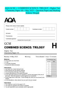 AQA GCSE - COMBINED SCIENCE: TRILOGY - Higher Tier - Chemistry Paper 1H – May 2025 – Quest