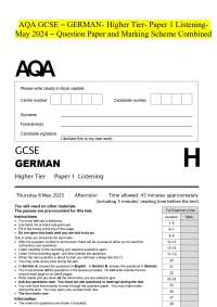 AQA GCSE - GERMAN- Higher Tier- Paper 1 ListeningMay 2024 - Question Paper and Marking Sch