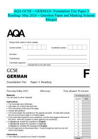AQA GCSE - GERMAN- Foundation Tier Paper 3 Reading- May 2024 - Question Paper and Marking