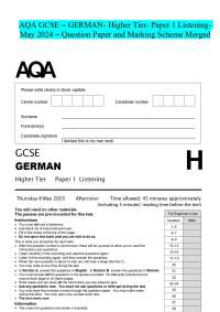AQA GCSE - GERMAN- Higher Tier- Paper 1 ListeningMay 2024 - Question Paper and Marking Sch