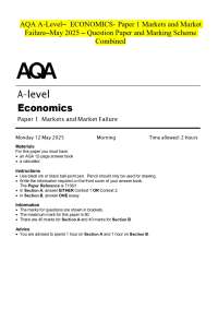 AQA A-Level- ECONOMICS- Paper 1 Markets and Market Failure-May 2025 - Question Paper and M