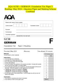 AQA GCSE - GERMAN- Foundation Tier Paper 3 Reading- May 2024 - Question Paper and Marking