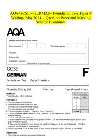 AQA GCSE – GERMAN- Foundation Tier Paper 4 Writing- May 2024 – Question Paper and Marking