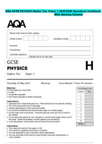AQA GCSE PHYSICS Higher Tier Paper 1 2025/2026 Questions Combined With Marking Scheme