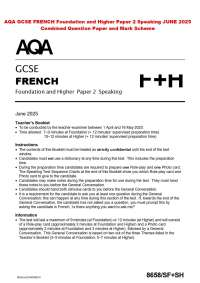 AQA GCSE FRENCH Foundation and Higher Paper 2 Speaking JUNE 2025 Combined Question Paper