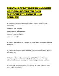 ESSENTIALS OF DATABASE MANAGEMENT 1ST EDITION HOFFER TEST BANK QUESTIONS WITH ANSWERS 2026