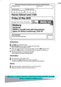 EDEXCEL A LEVEL HISTORY (9HI0/1H) QUESTION PAPER OPTION 1H AND MARK SCHEME SUMMER 2025