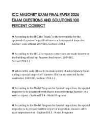 ICC MASONRY EXAM FINAL PAPER 2026 EXAM QUESTIONS AND SOLUTIONS 100 PERCENT CORRECT