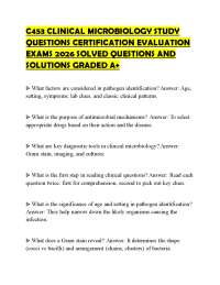 C453 CLINICAL MICROBIOLOGY STUDY QUESTIONS CERTIFICATION EVALUATION EXAMS 2026 SOLVED QUES