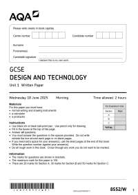 2025 ACTUAL AQA GCSE DESIGN AND TECHNOLOGY 8552/W Unit 1 Written Paper Question paper +