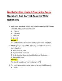 North Carolina Limited Contractor Exam Questions And Correct Answers With Rationales